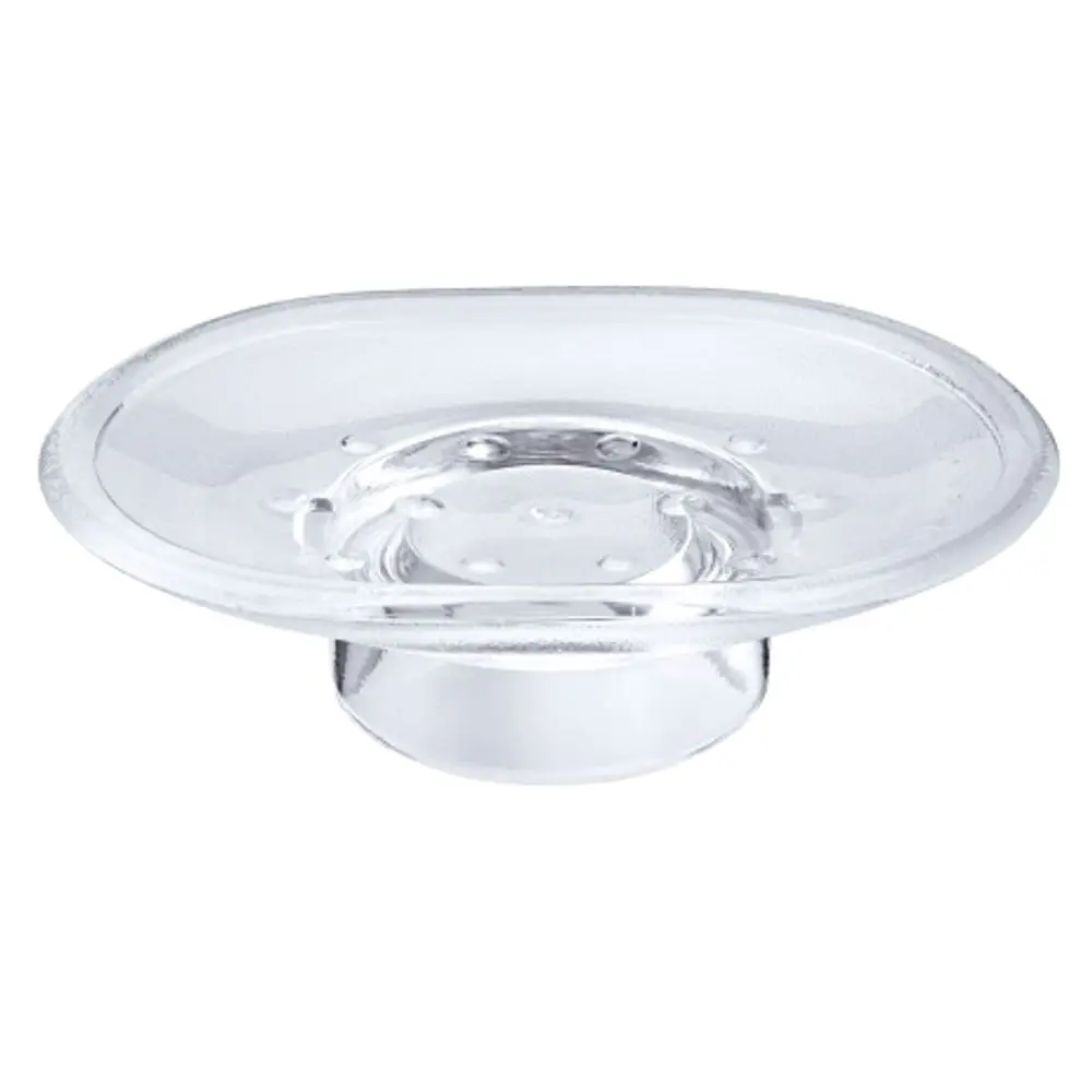 Transparente Seifenschale von Hansgrohe mit flachem Rand und zentralem Aufsatz, geeignet zur Ablage von Seife in einem Badezimmer oder Waschraum.